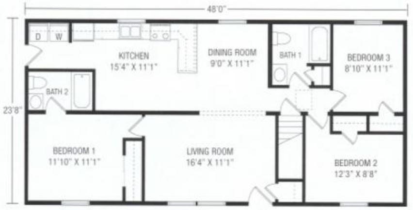 Winfield II 1120 Square Foot Ranch Floor Plan