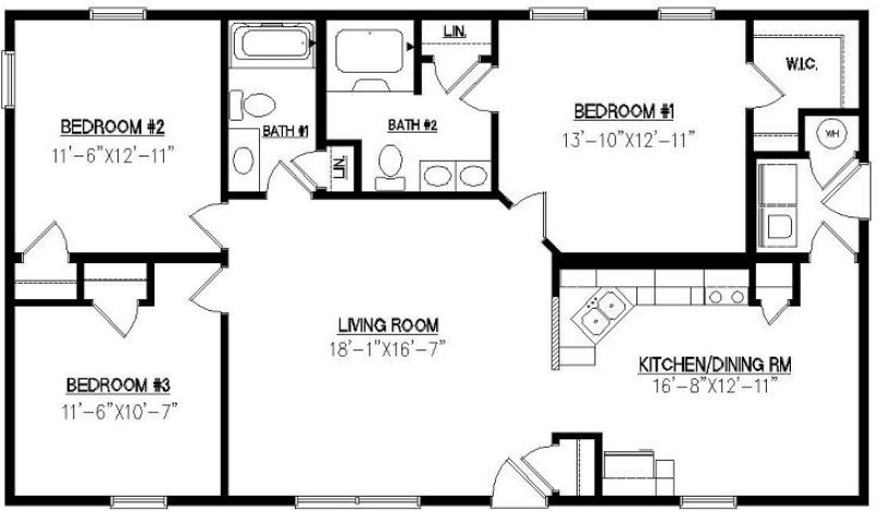 Charleston II 1320 Square Foot Ranch Floor Plan